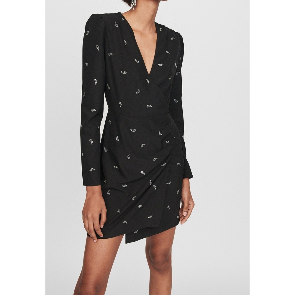 Maje Ribilo Paisley Embellished Mini Dress Faux Wrap Rhinestone V-Neck Ruched Sm